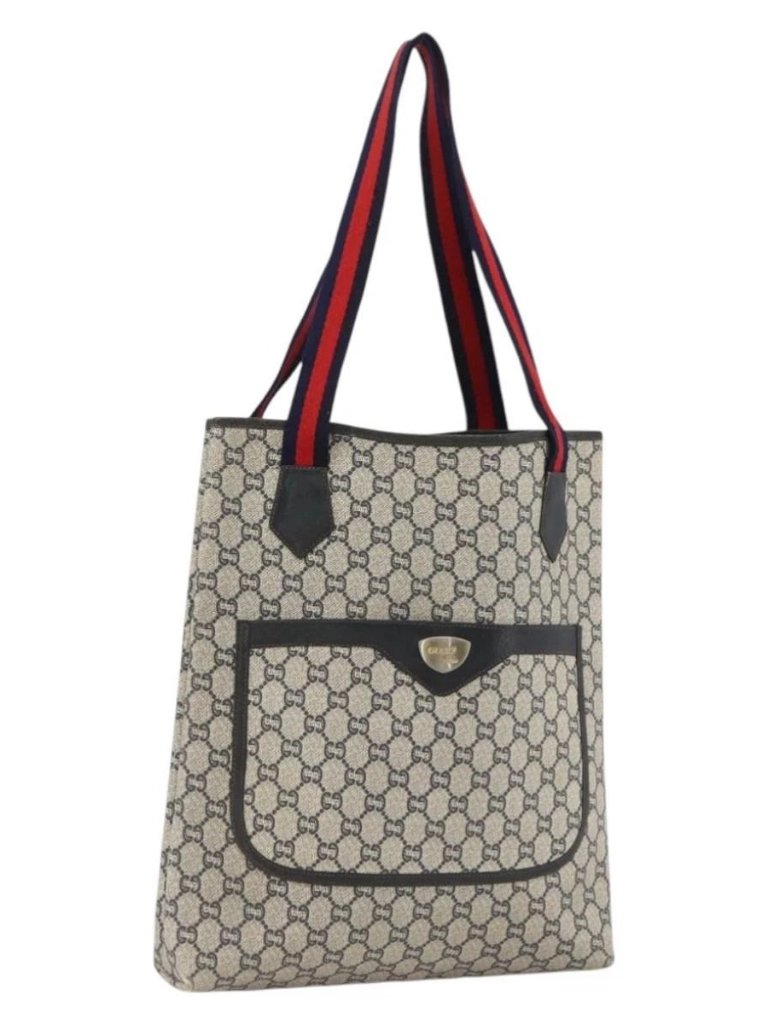 Gucci Gg Plus Supreme Sherry Line Tote Bag Pvc Navy Gold Auth Lnz421